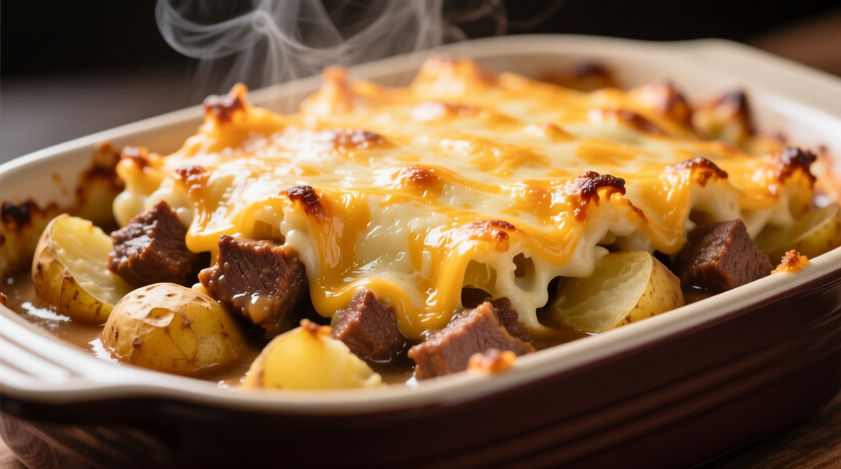 Golden baked potato beef casserole with melted cheese topping