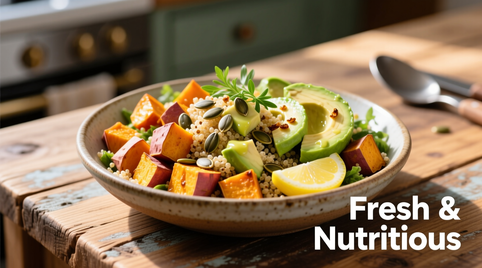 Colorful sweet potato quinoa salad with avocado and pumpkin seeds