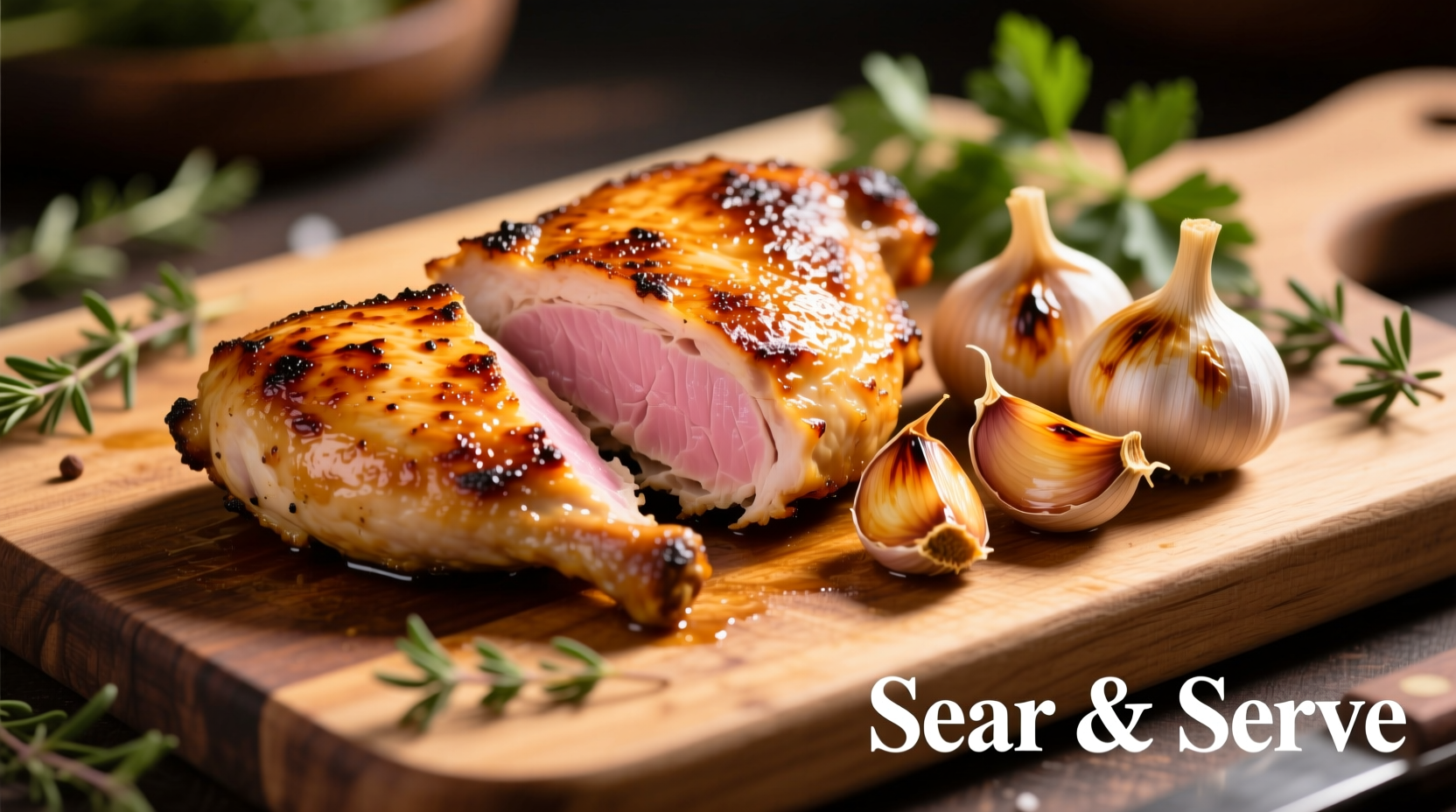 Perfectly seared chicken with golden garlic cloves