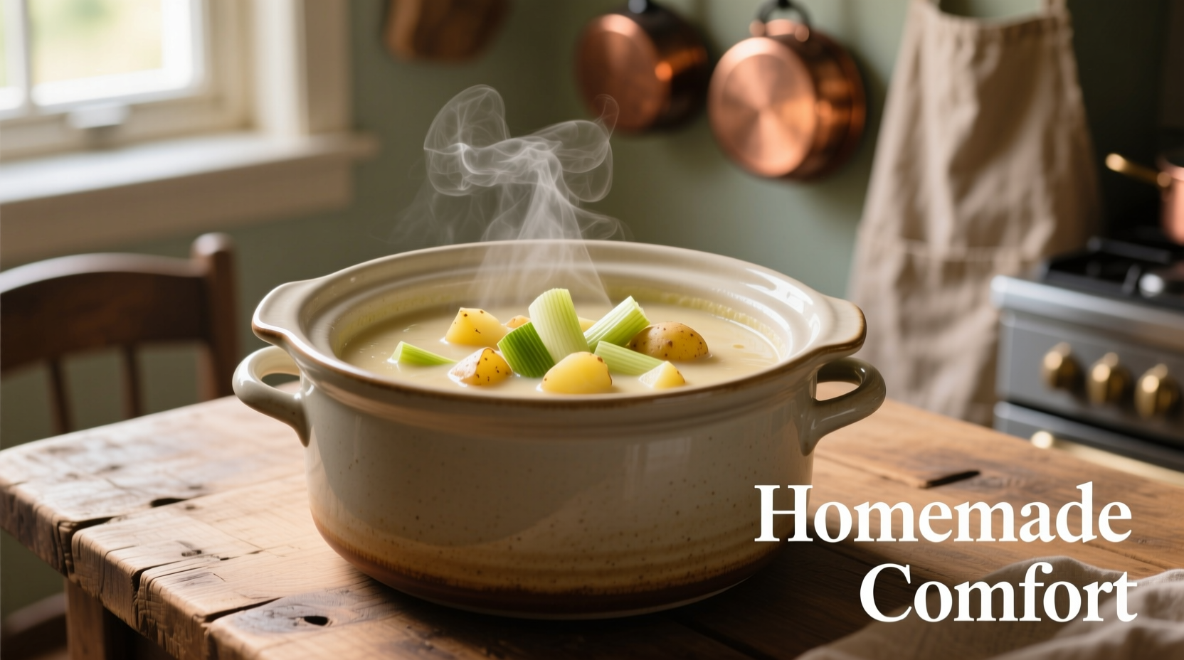 Slow cooker filled with creamy leek and potato soup