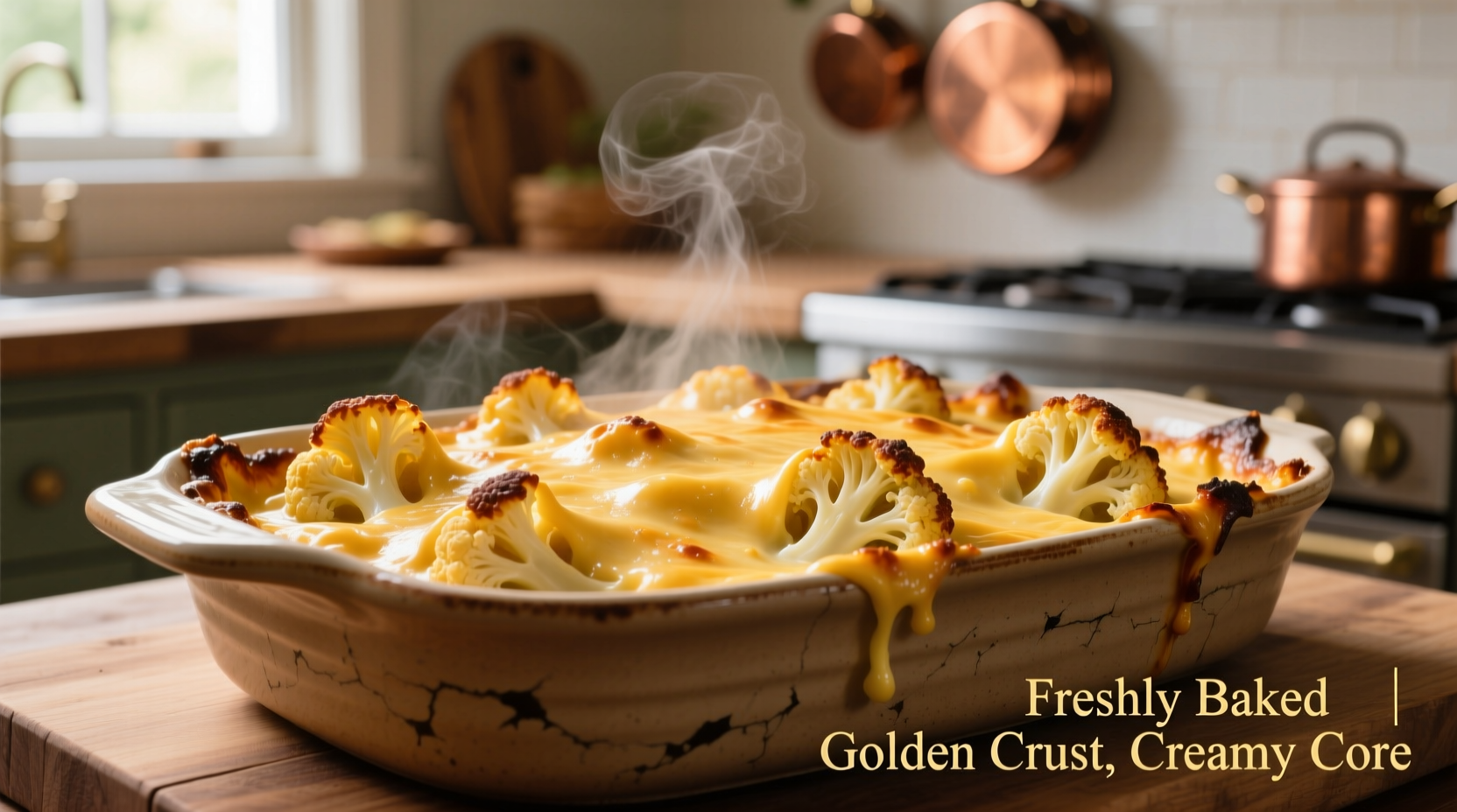 Golden cheesy cauliflower casserole fresh from oven