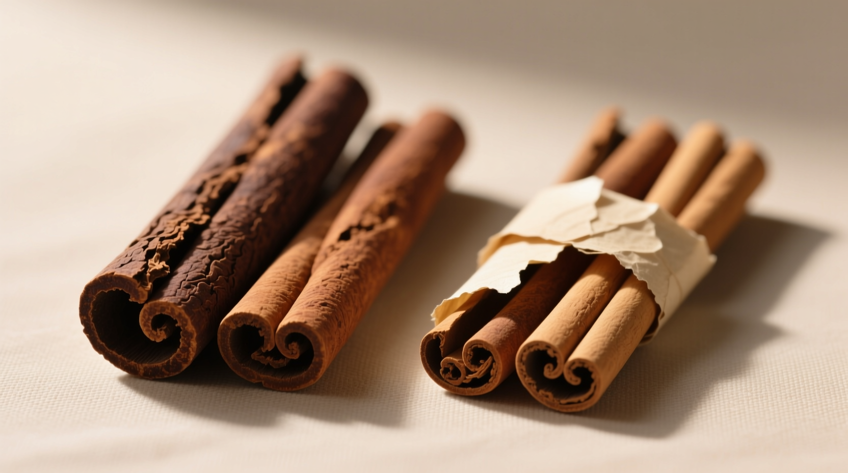 Close-up comparison of Cassia cinnamon sticks (thick, dark bark) next to Ceylon sticks (thin, layered appearance)