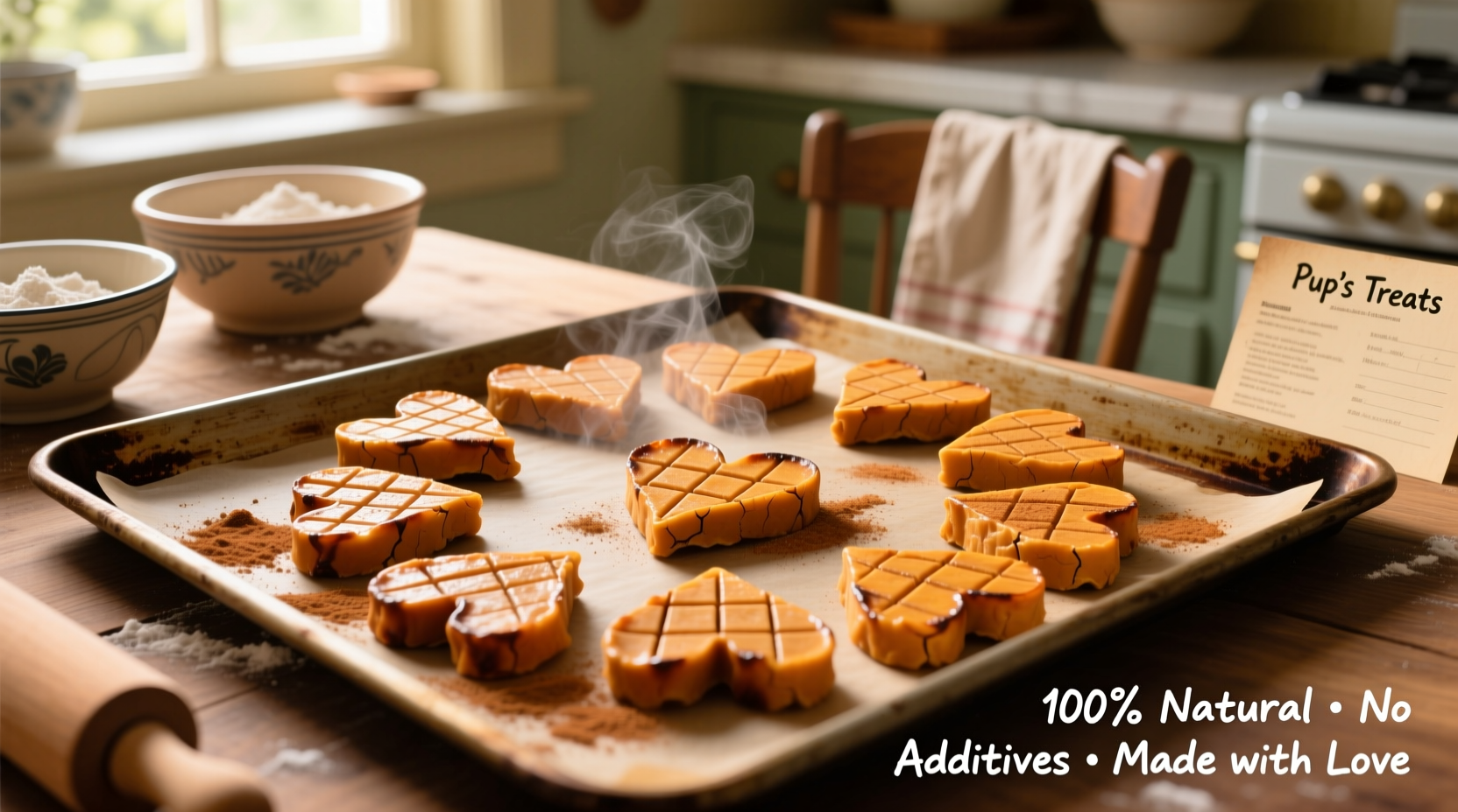 Homemade sweet potato dog chews on baking sheet