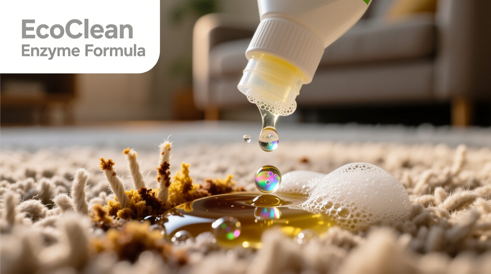 Enzyme cleaner solution applied to carpet stain