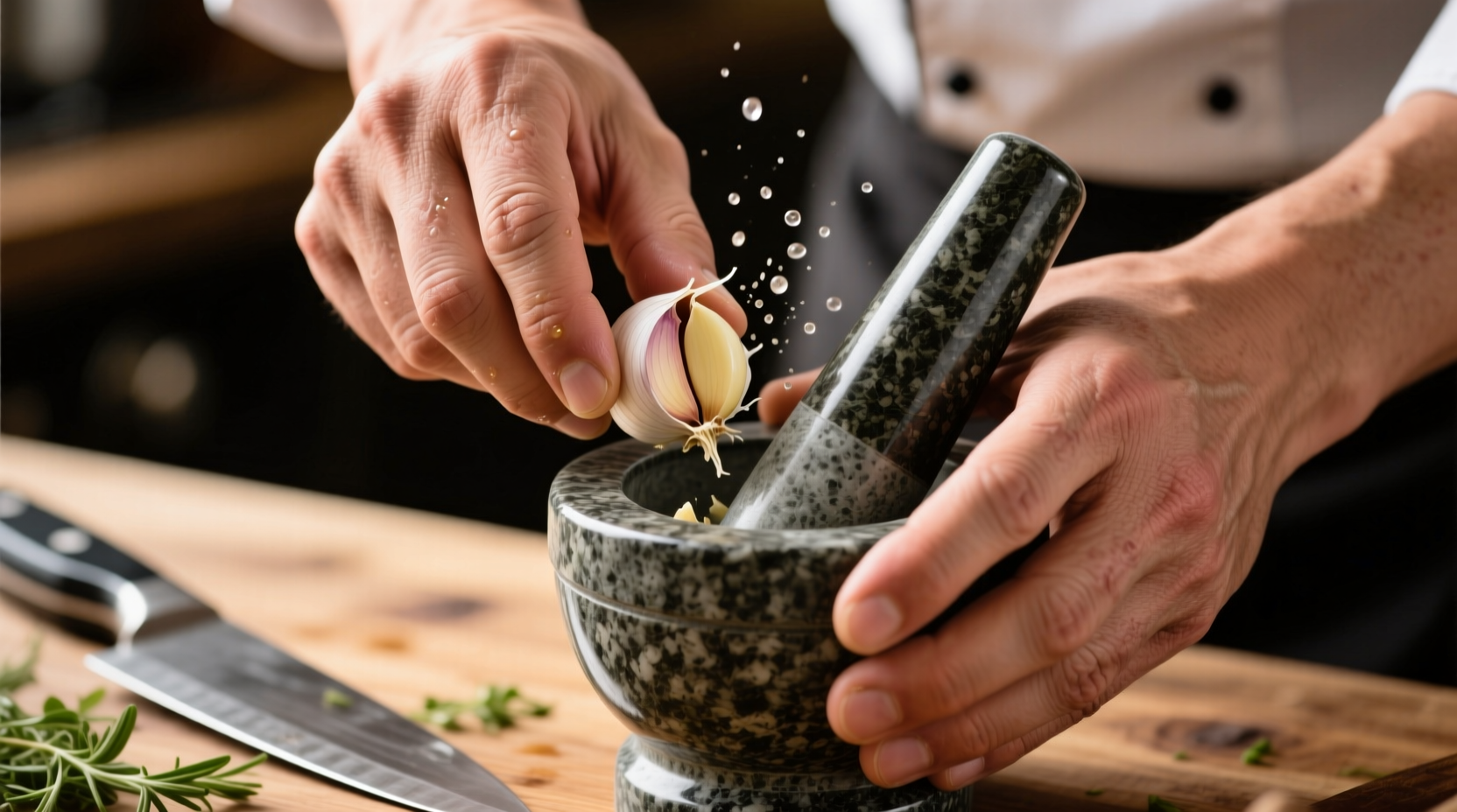 Chef's hands demonstrating garlic crushing technique