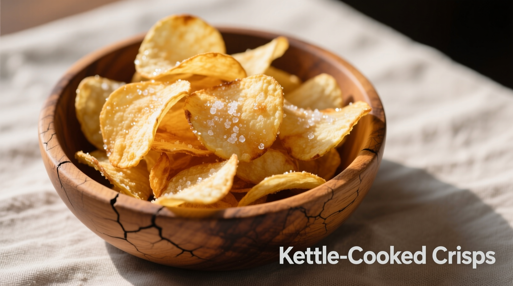 Kettle-cooked potato chips in wooden bowl