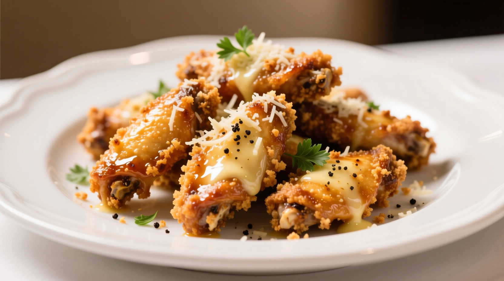 Crispy golden garlic parmesan chicken wings on white plate