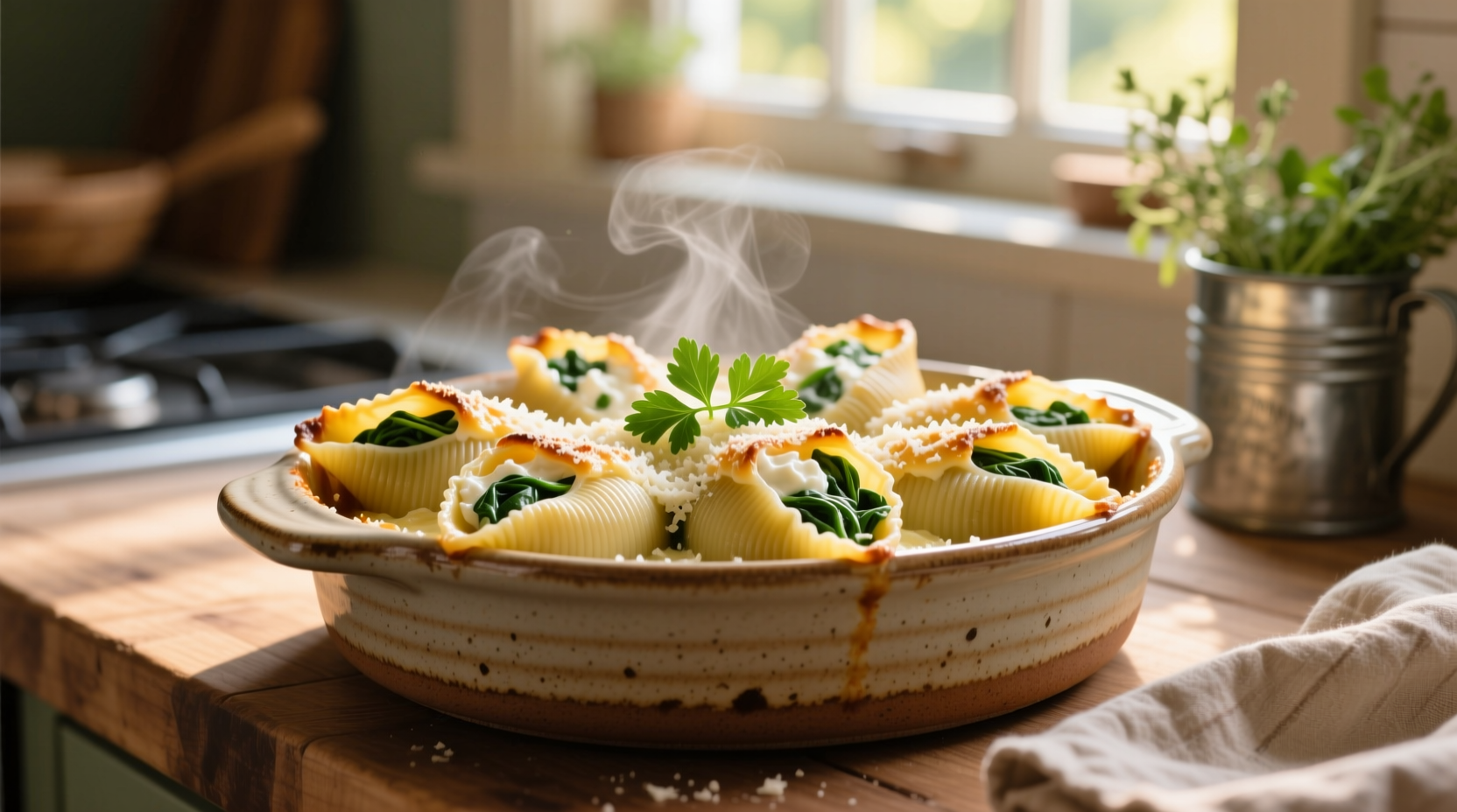 Baked spinach ricotta stuffed shells in ceramic dish