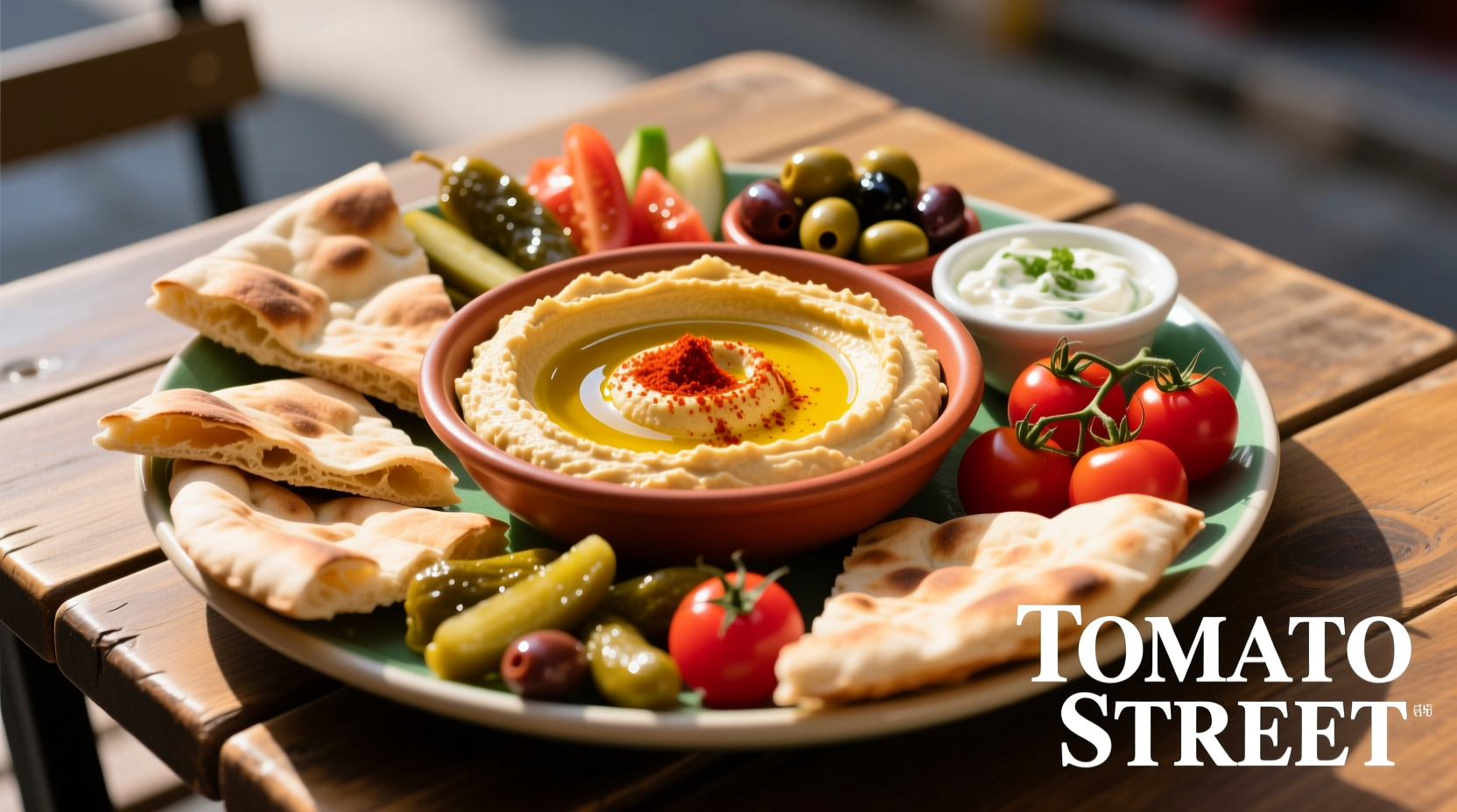Tomato Street signature mezze platter with hummus and pita