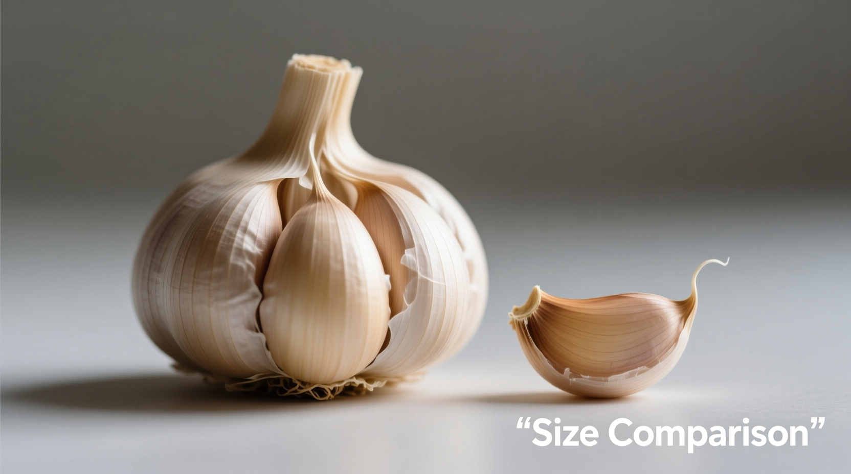Single garlic bulb next to regular garlic for size comparison