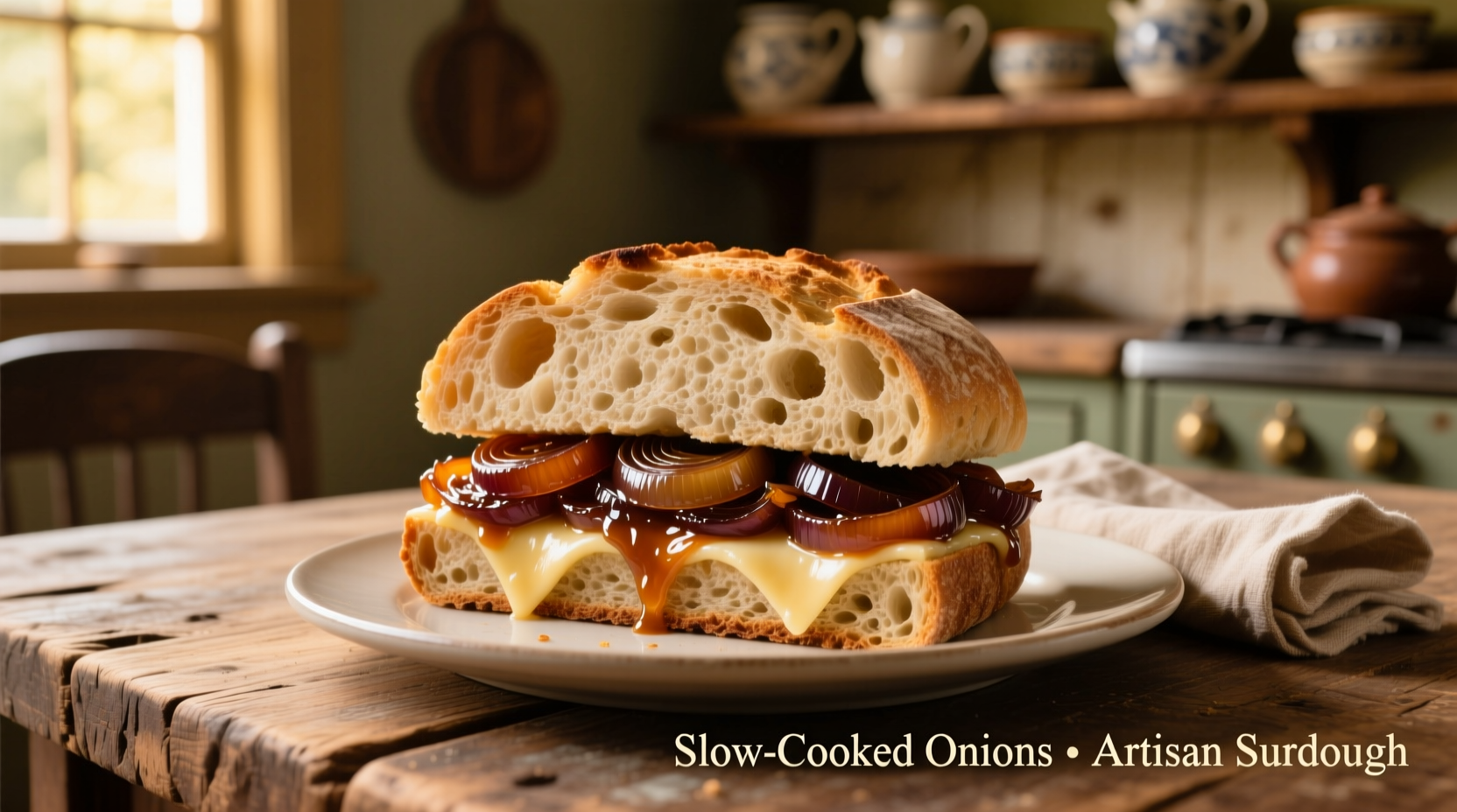 Caramelized onion sandwich on artisan bread