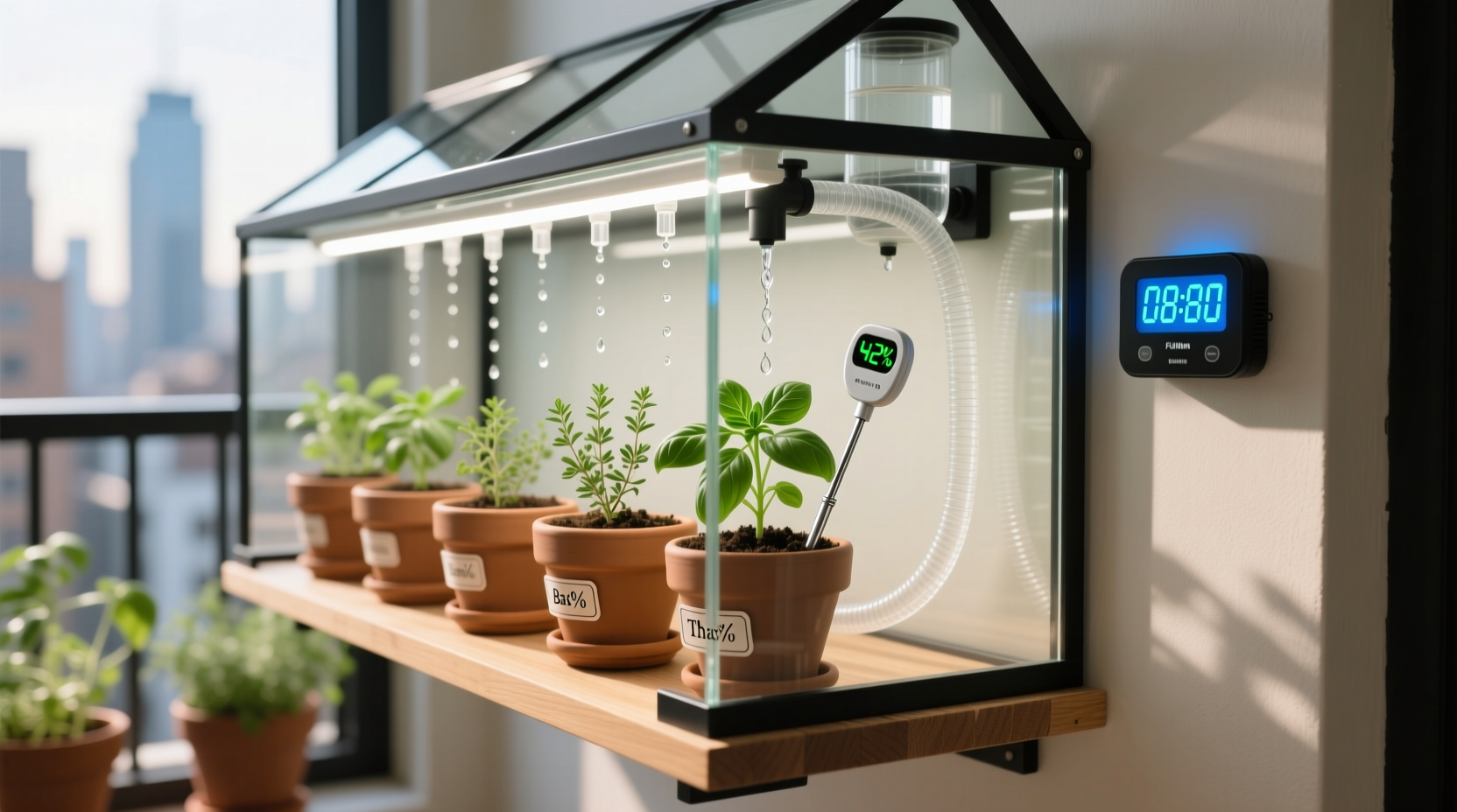 Close-up of a compact indoor greenhouse with labeled drip lines feeding individual pots, a digital timer mounted beside a wall-mounted reservoir, and a moisture meter probe inserted into one container's soil.