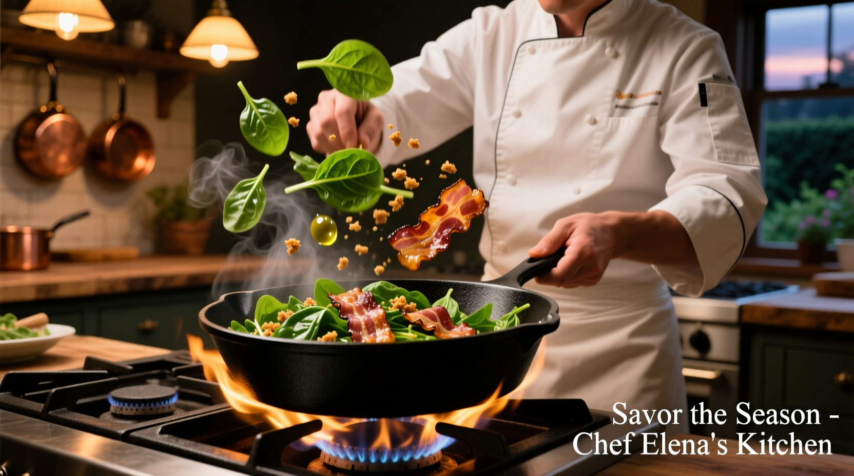Chef preparing warm spinach and bacon salad in cast iron skillet