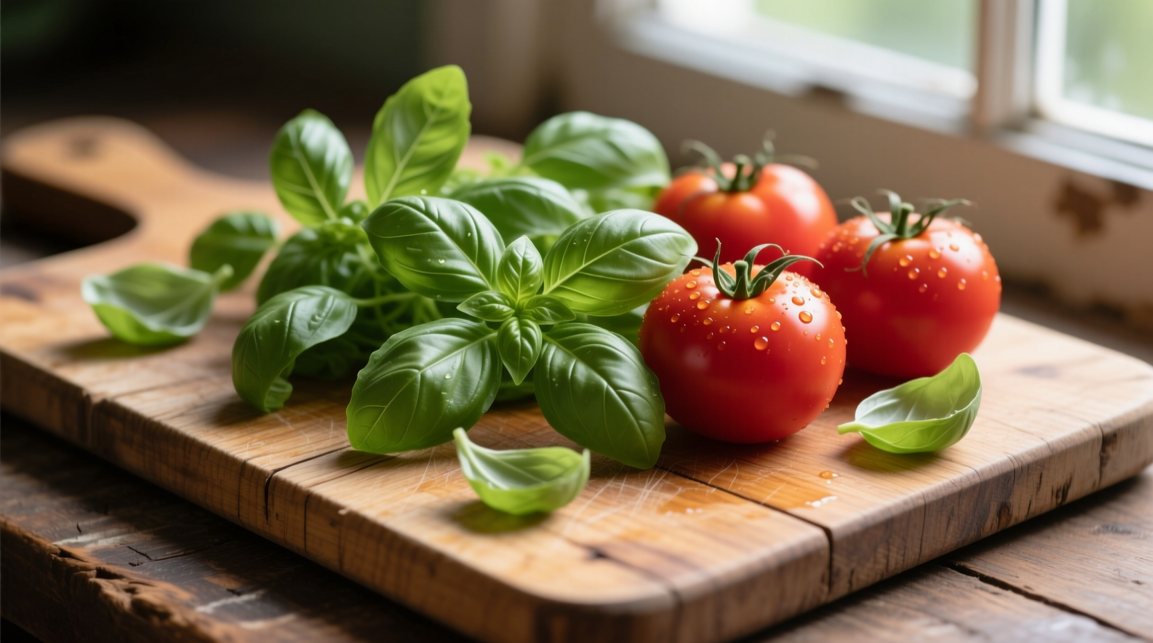 Fresh basil leaves and ripe tomatoes on wooden cutting board