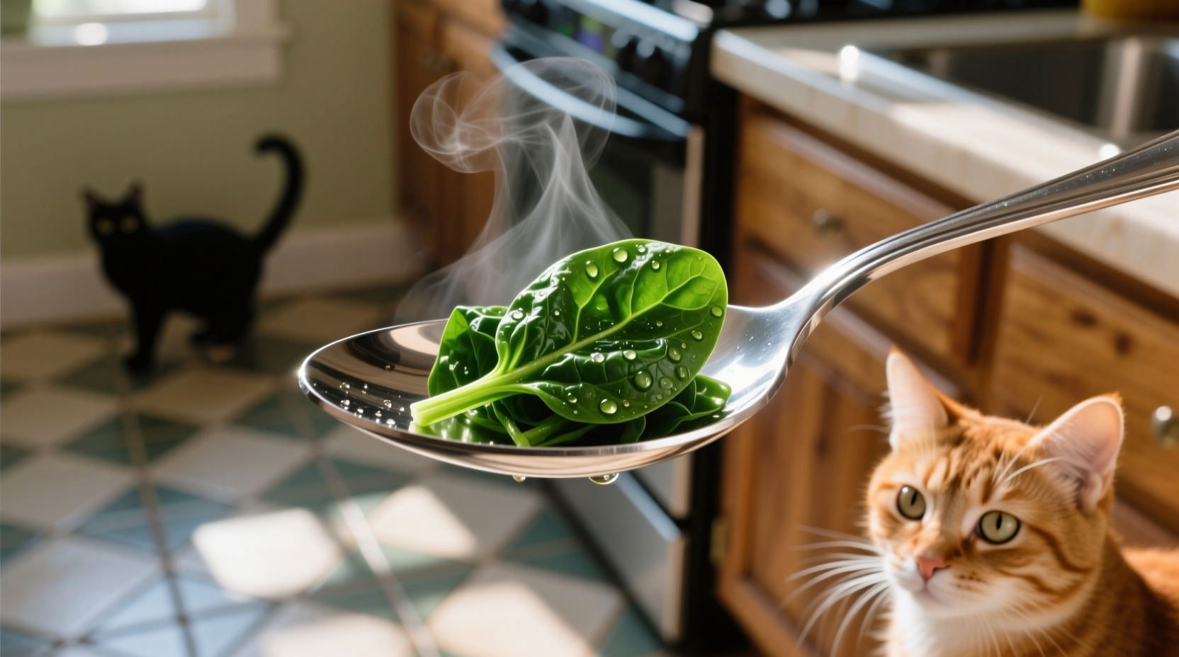 Small portion of cooked spinach on spoon for cat