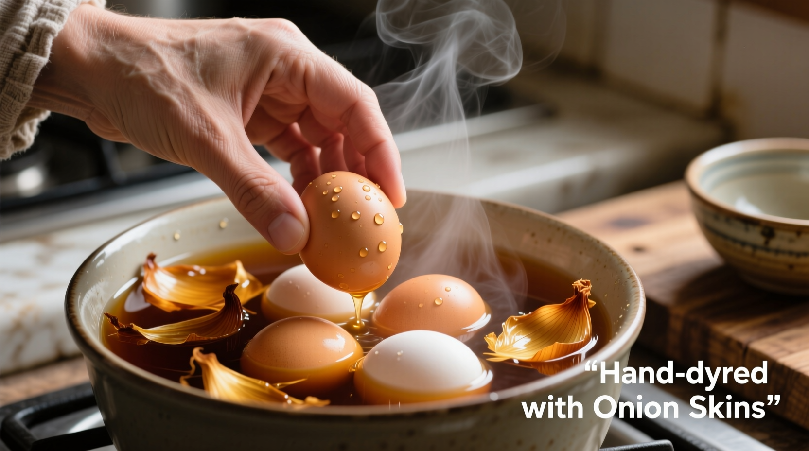 Hand placing eggs into onion skin dye solution