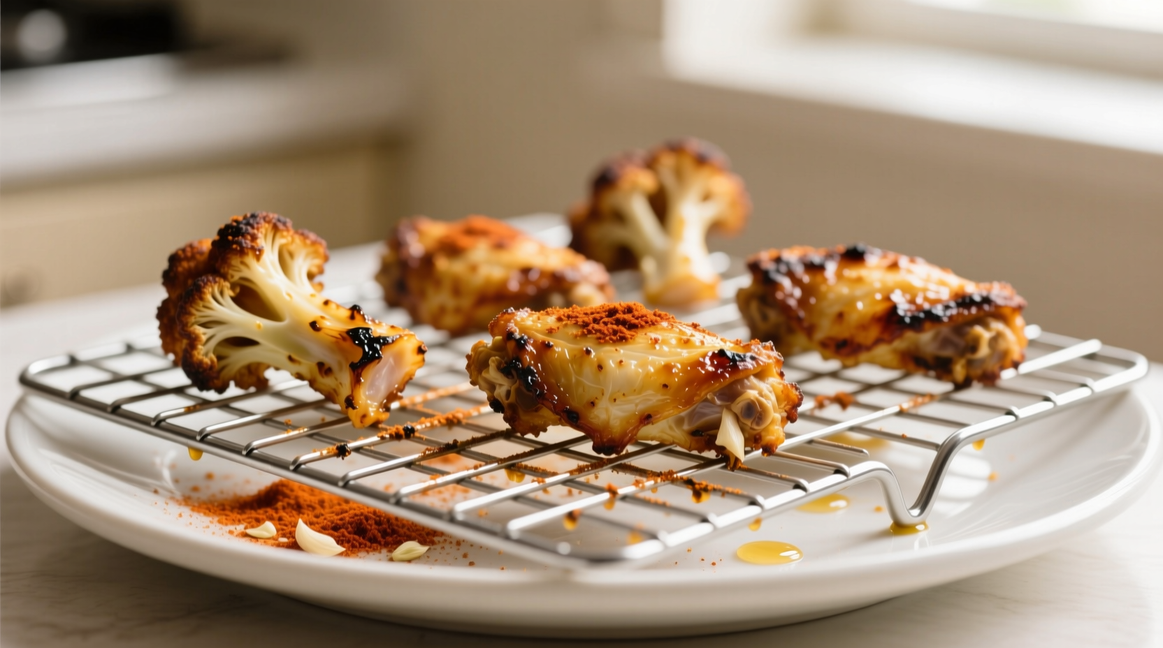 Golden brown cauliflower wings on wire rack