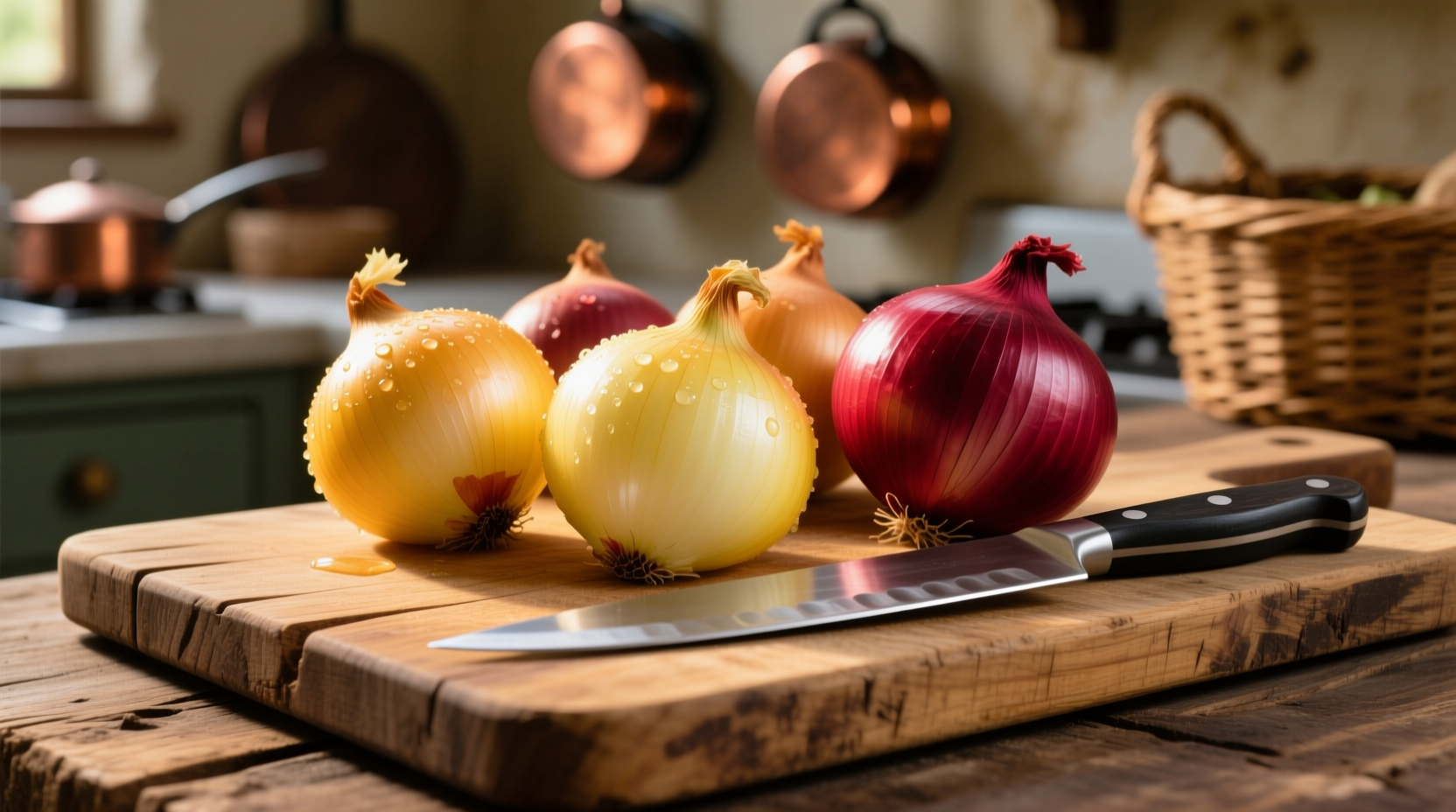 Fresh yellow and red onions on wooden cutting board