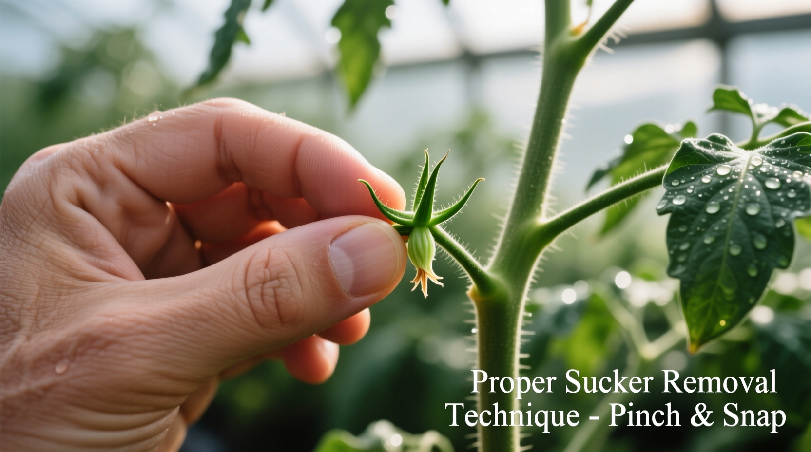 Hand demonstrating proper tomato sucker removal technique
