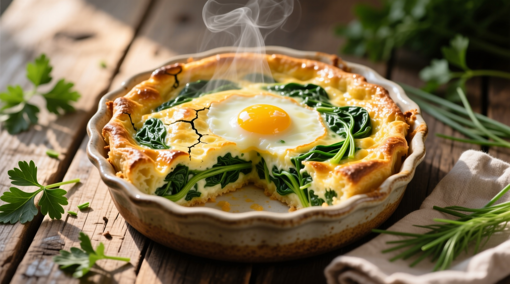 Perfect golden spinach egg bake fresh from oven