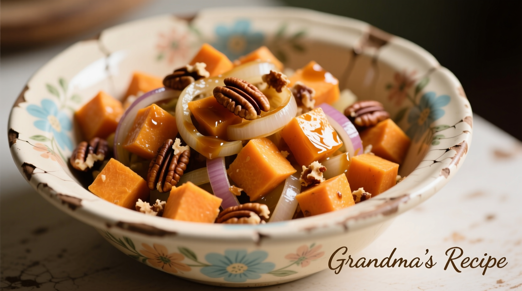 Old fashioned sweet potato salad in vintage bowl