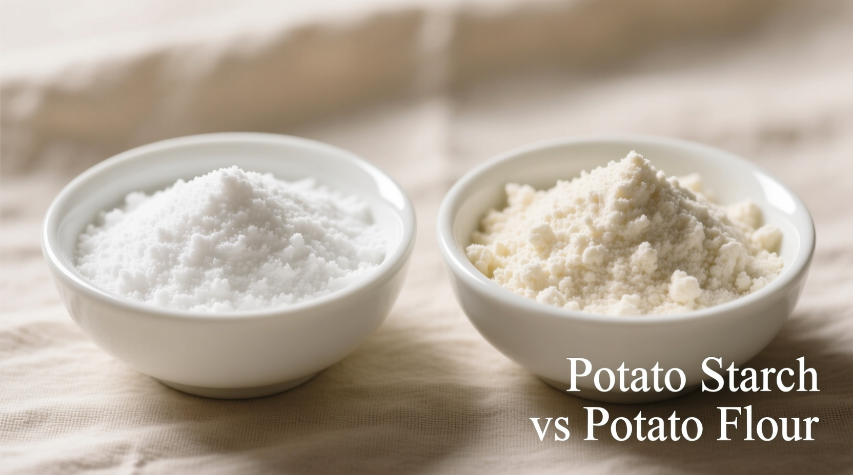 Close-up comparison of potato starch and potato flour in bowls