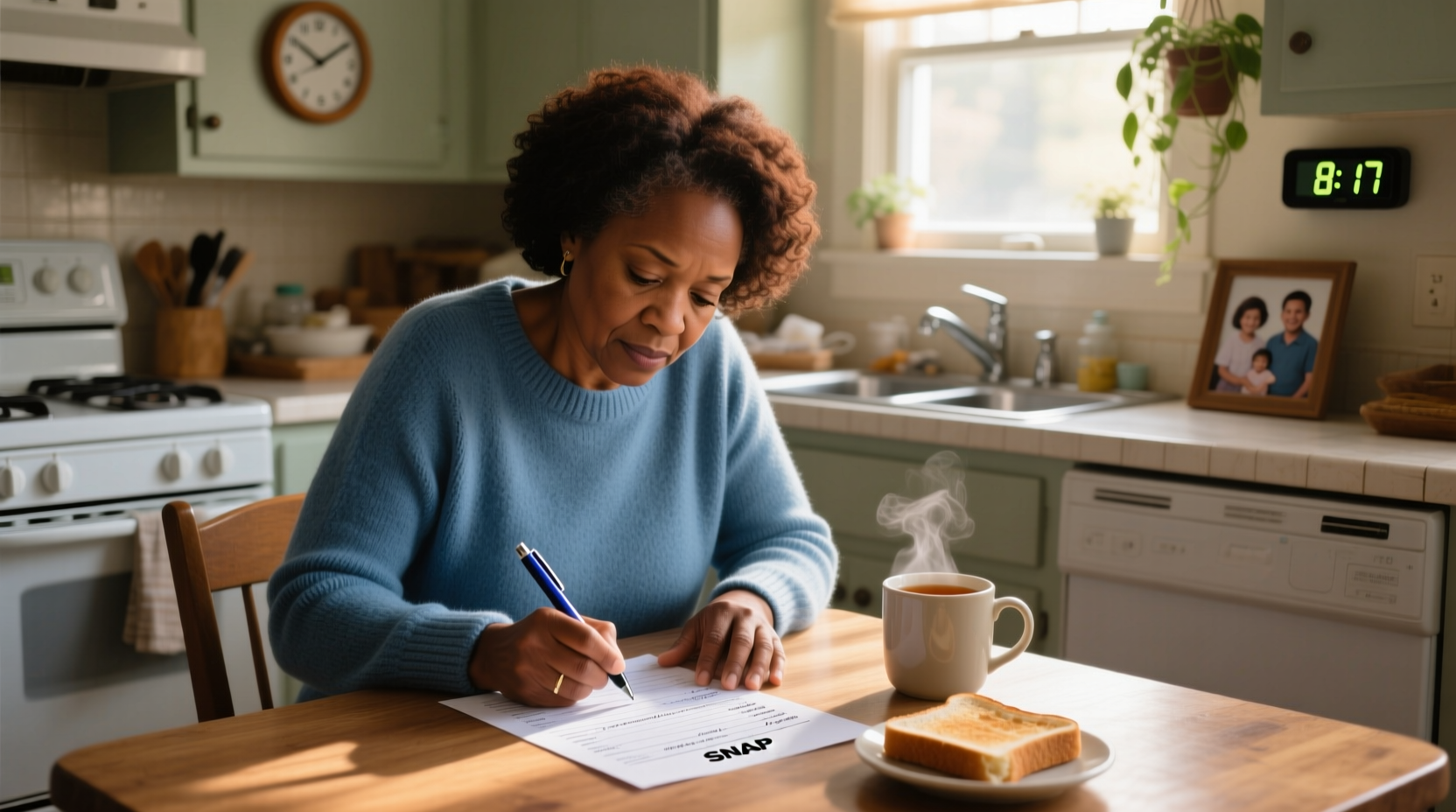 Person filling out SNAP application form at kitchen table