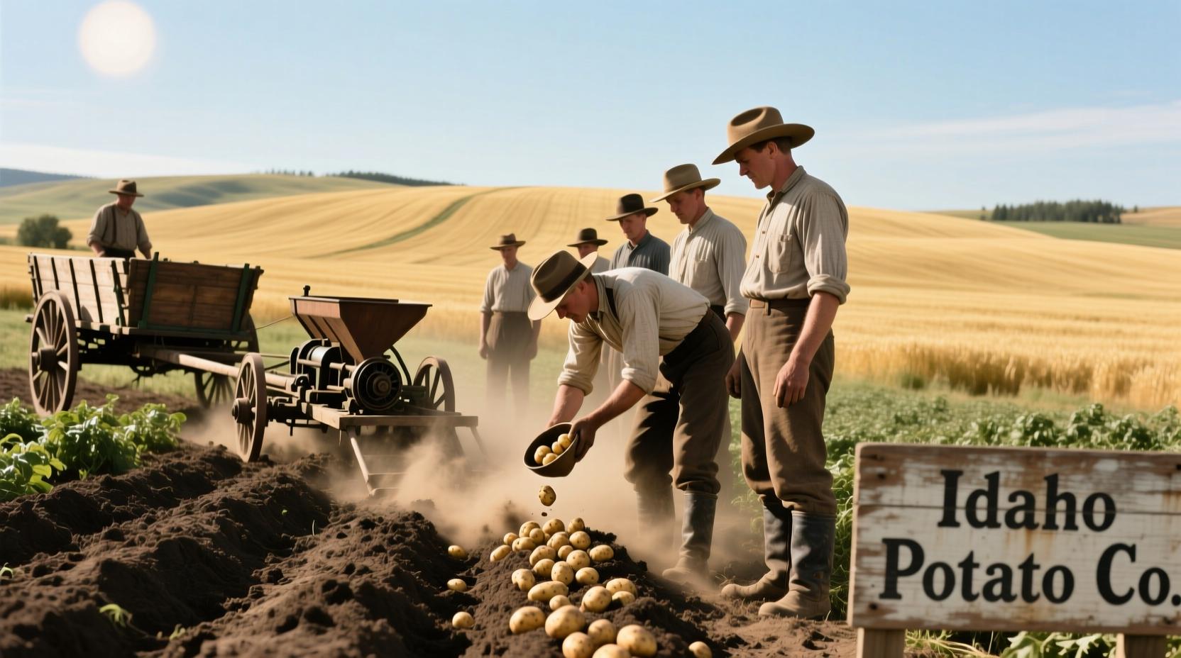 Historical photo of potato drop farming in Idaho fields