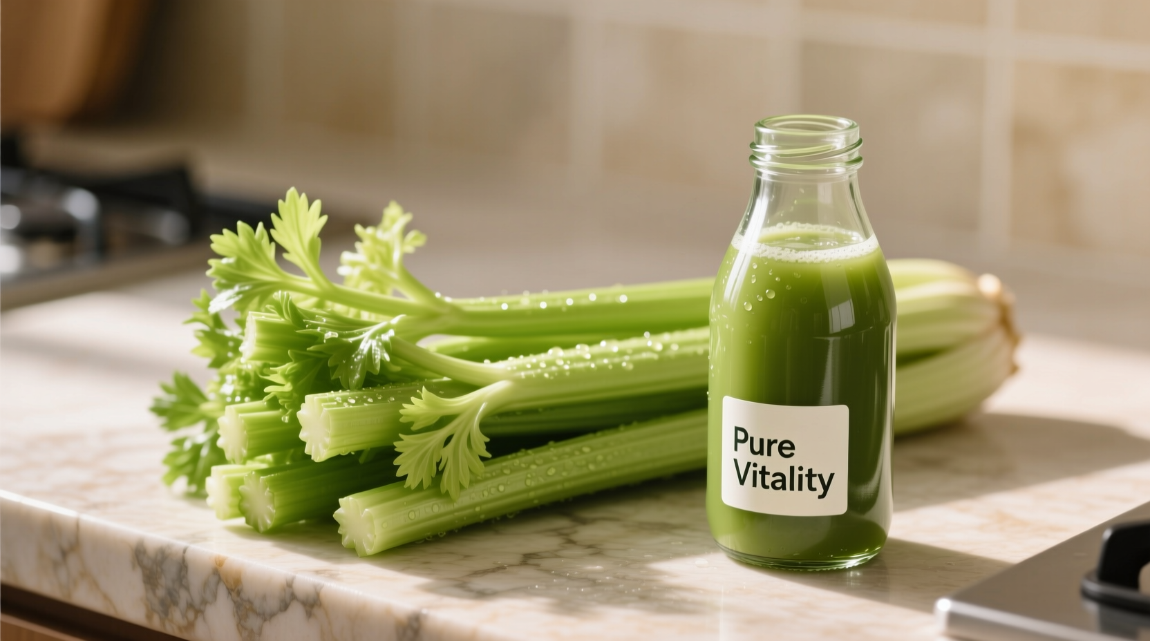 Fresh celery stalks next to bottled juice
