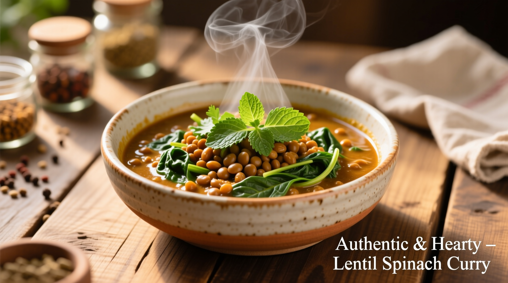 Lentil spinach curry in ceramic bowl with fresh herbs
