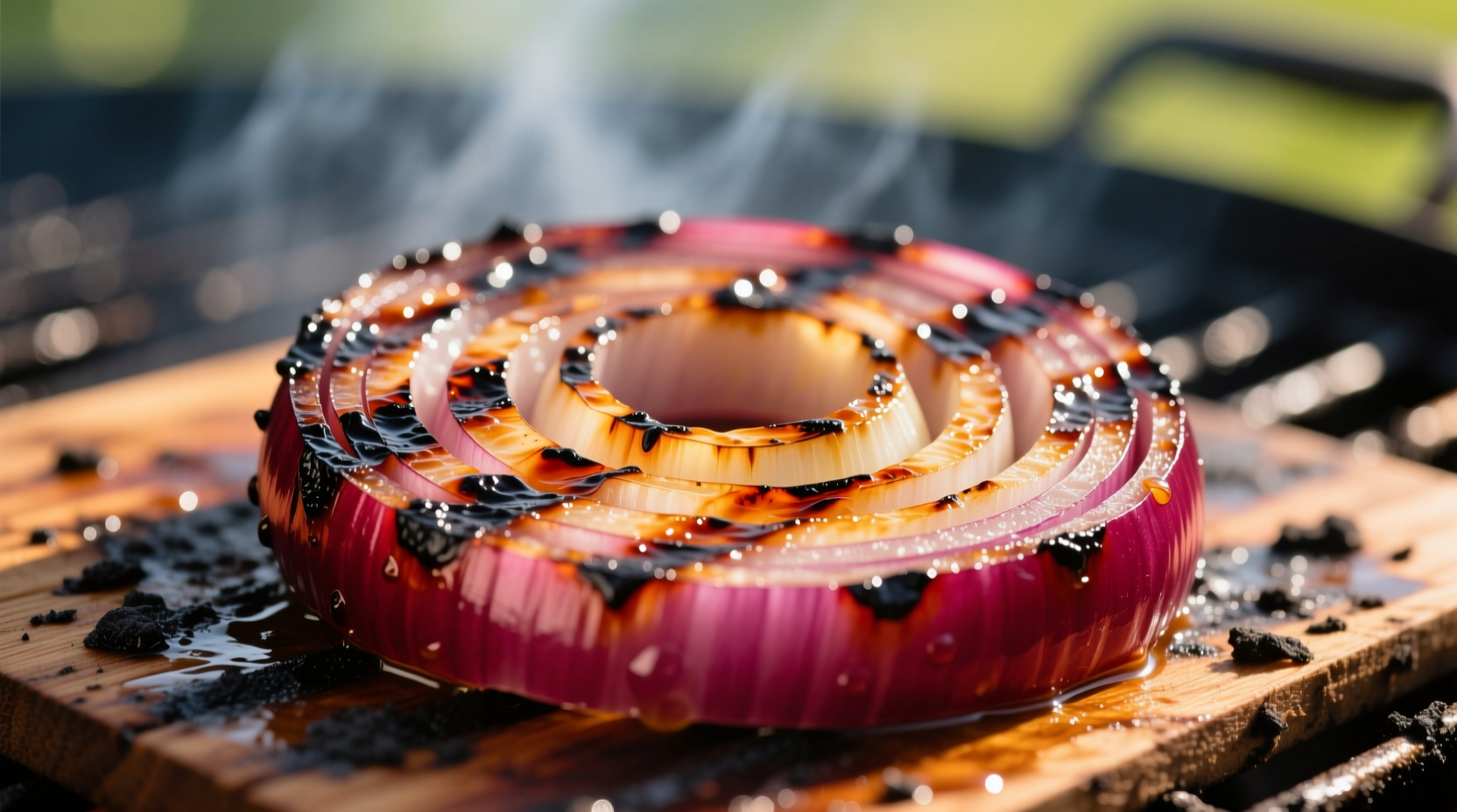 Perfectly grilled red onions with char marks on barbecue