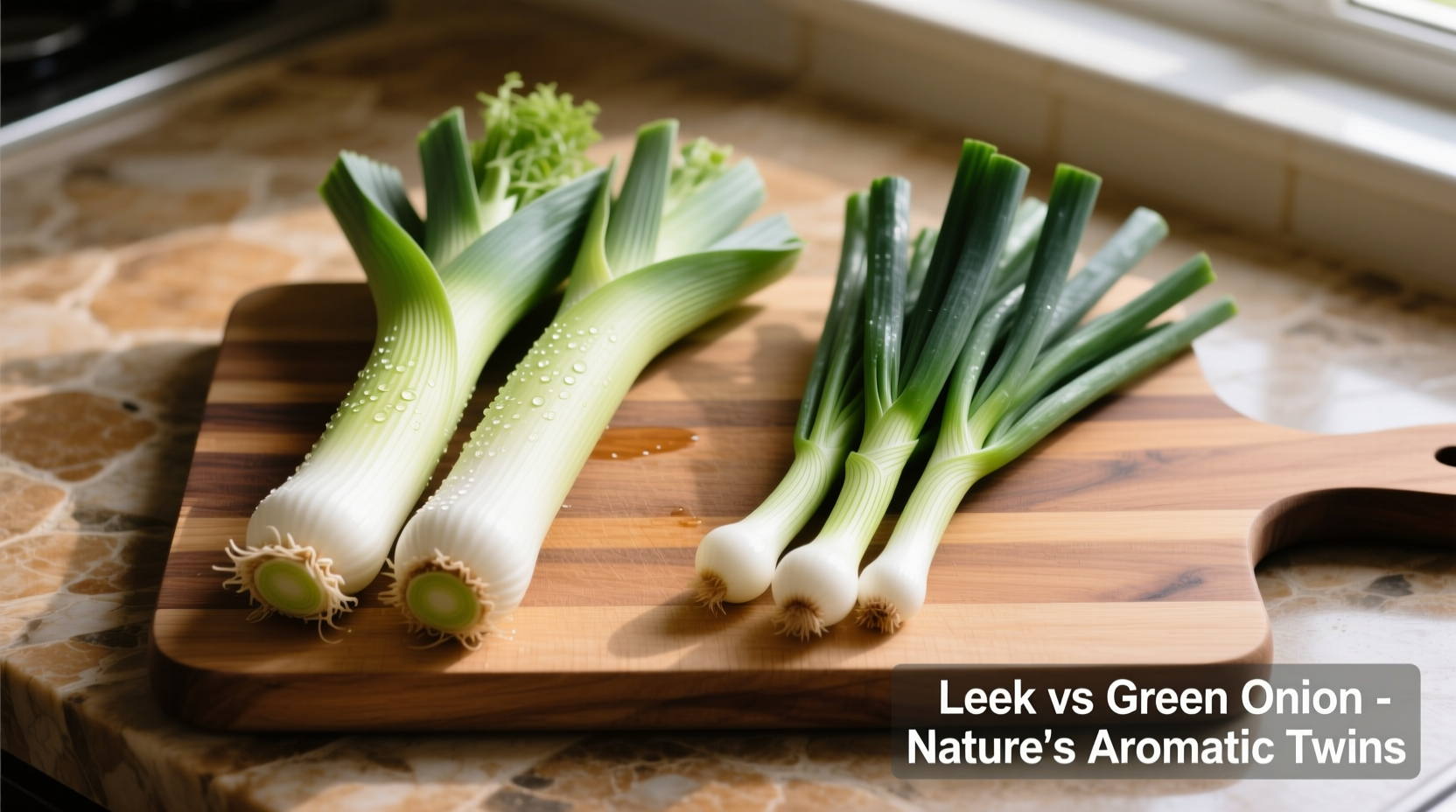 Side-by-side comparison of leeks and green onions on cutting board