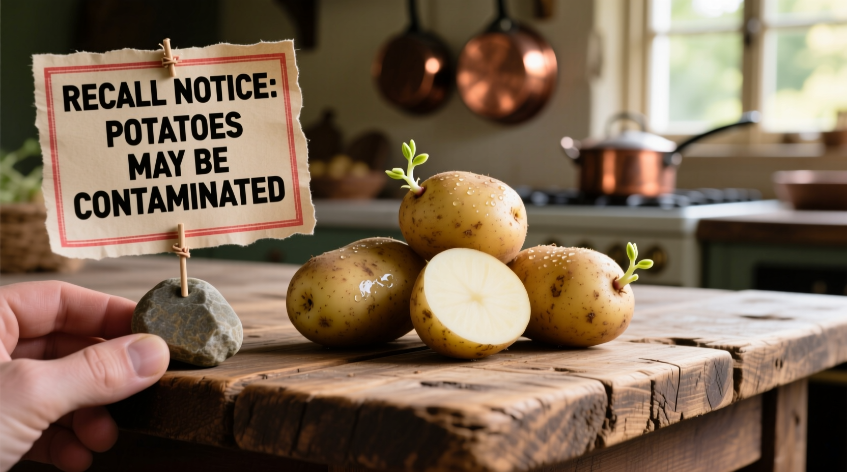 Fresh potatoes on wooden table with recall notice