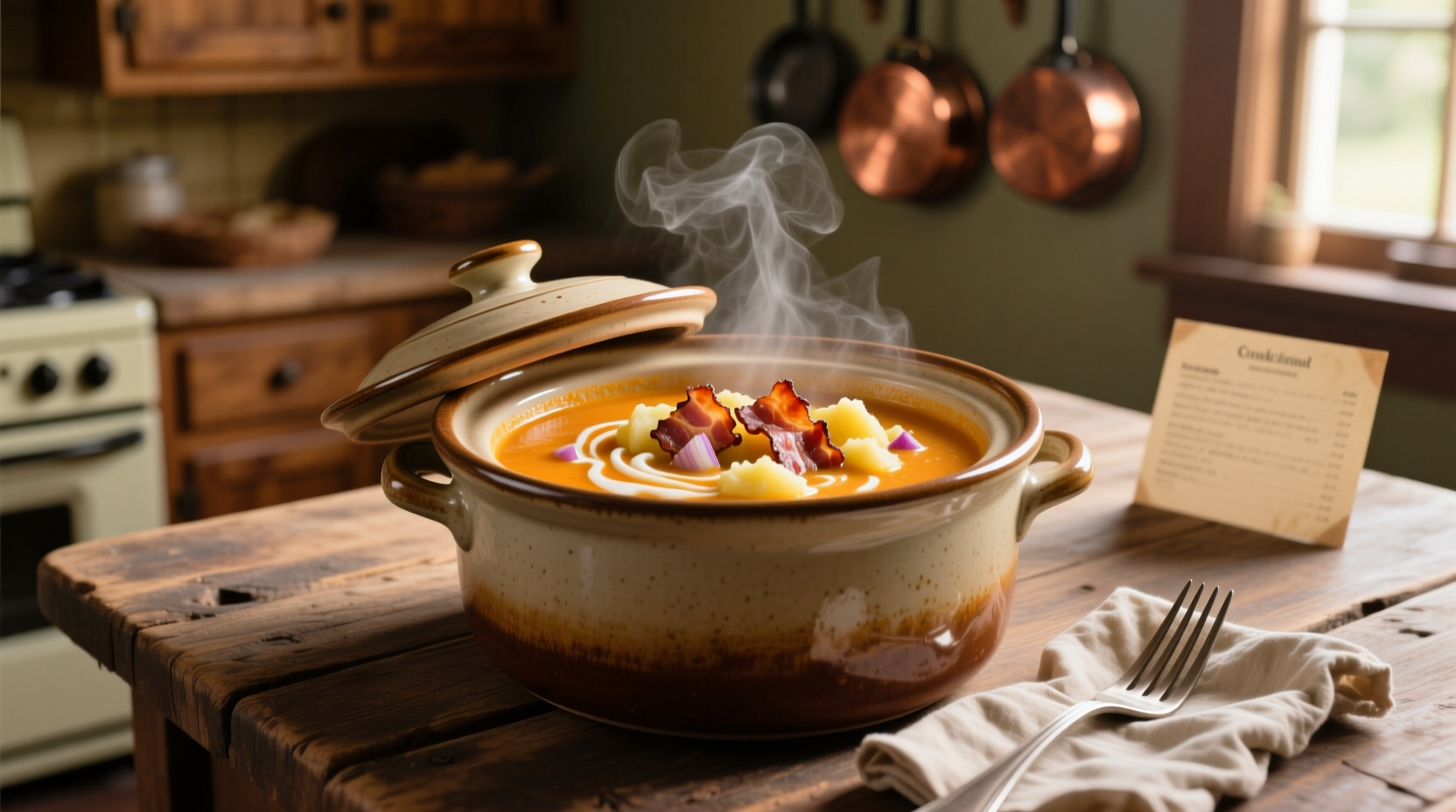 Crockpot filled with creamy potato bacon soup