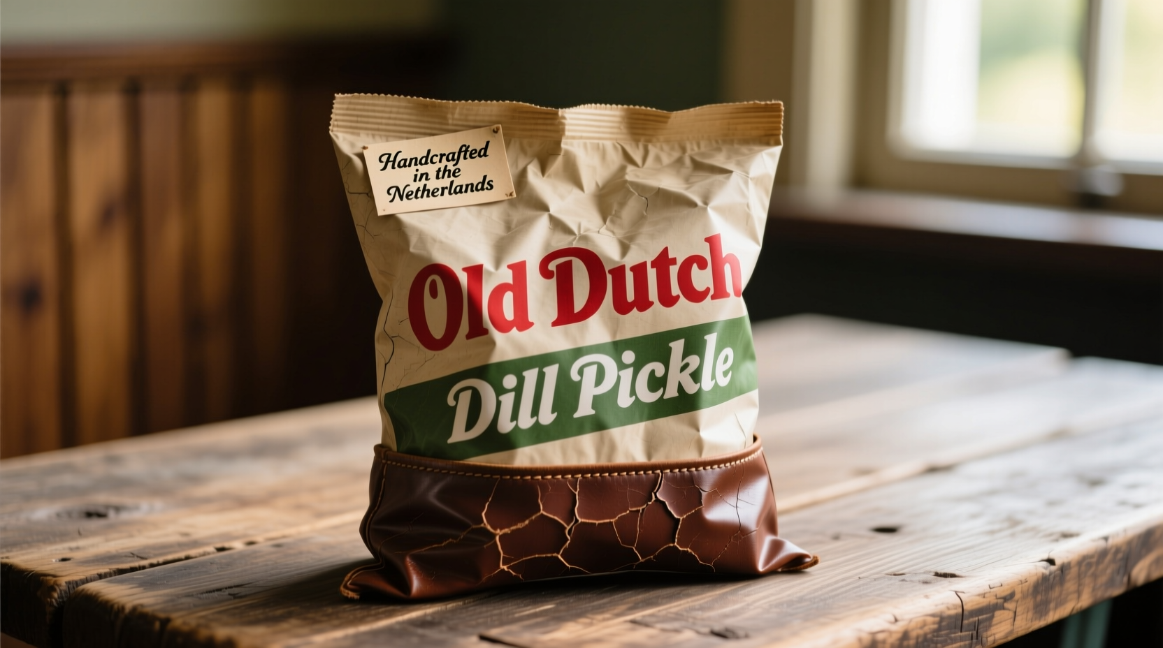 Old Dutch Dill Pickle potato chips bag on wooden table