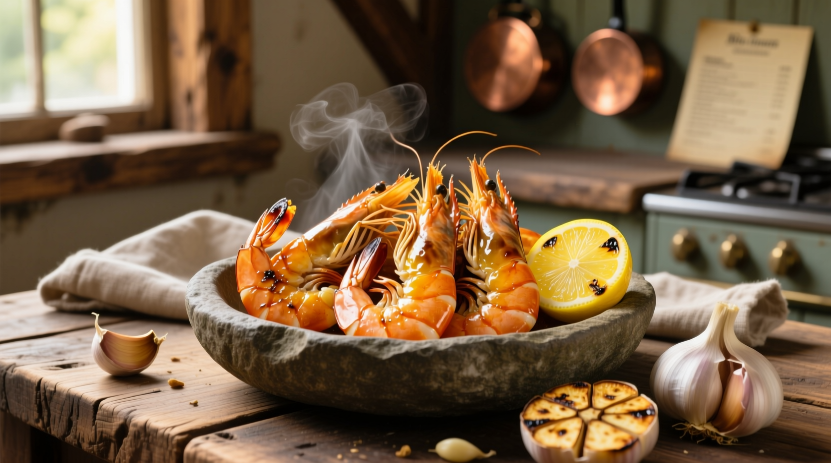 Golden roasted shrimp with lemon slices and garlic cloves