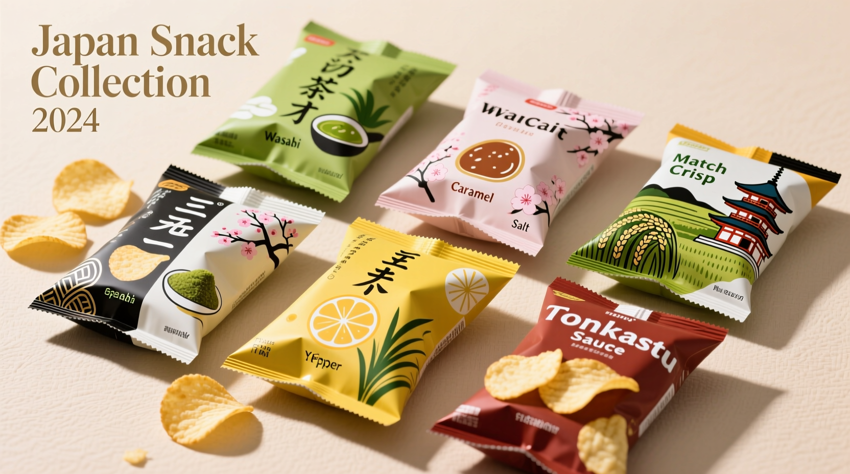 Assorted Japanese potato chip flavors with distinctive packaging