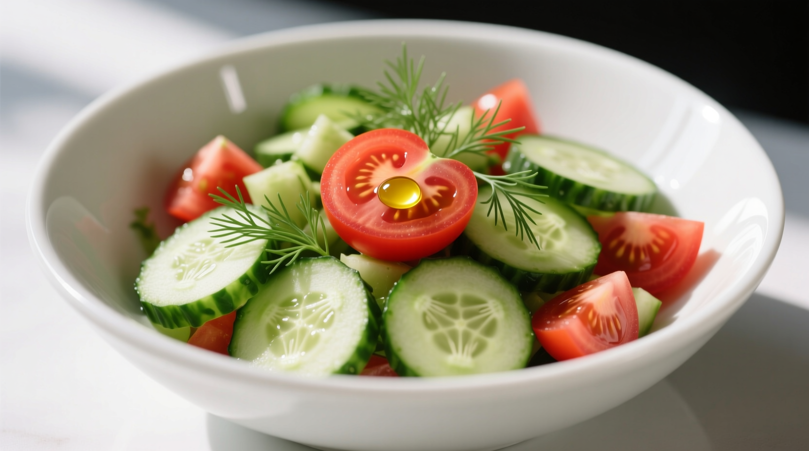 Fresh cucumber tomato salad in white bowl