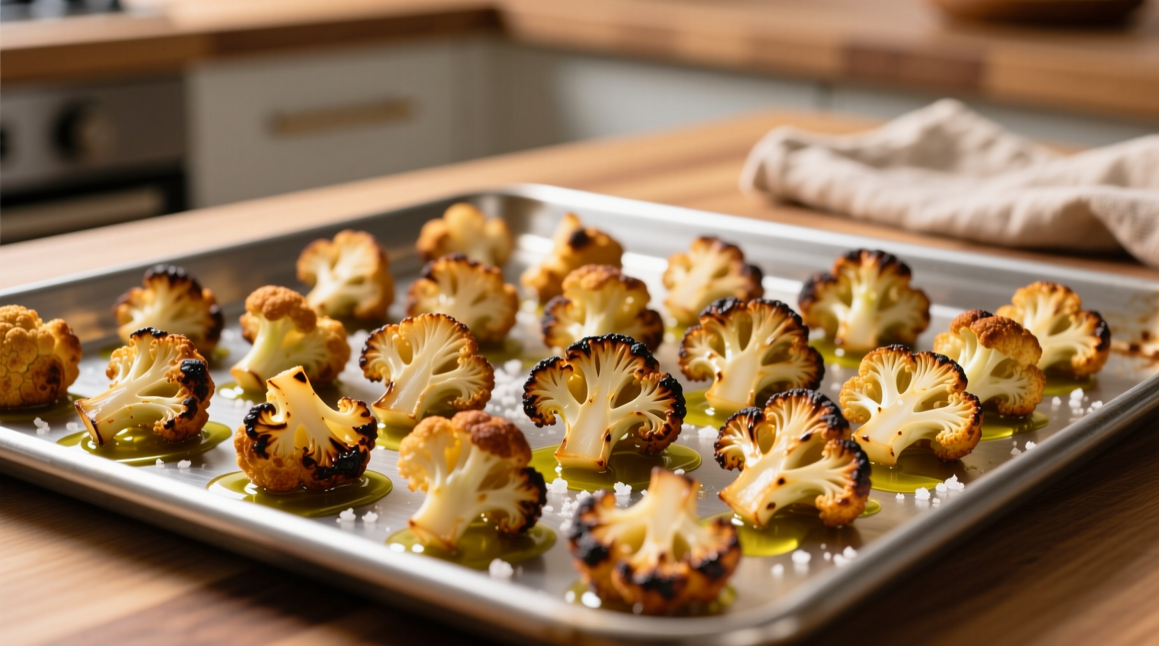 Golden brown cauliflower bites on baking sheet