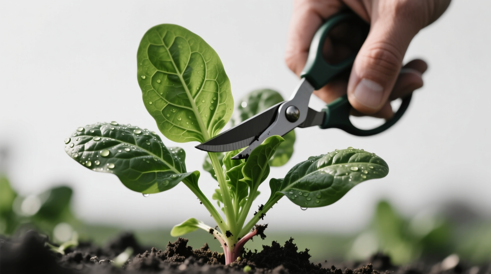 Close-up of hand harvesting spinach leaves using scissors, showing proper cut above the crown