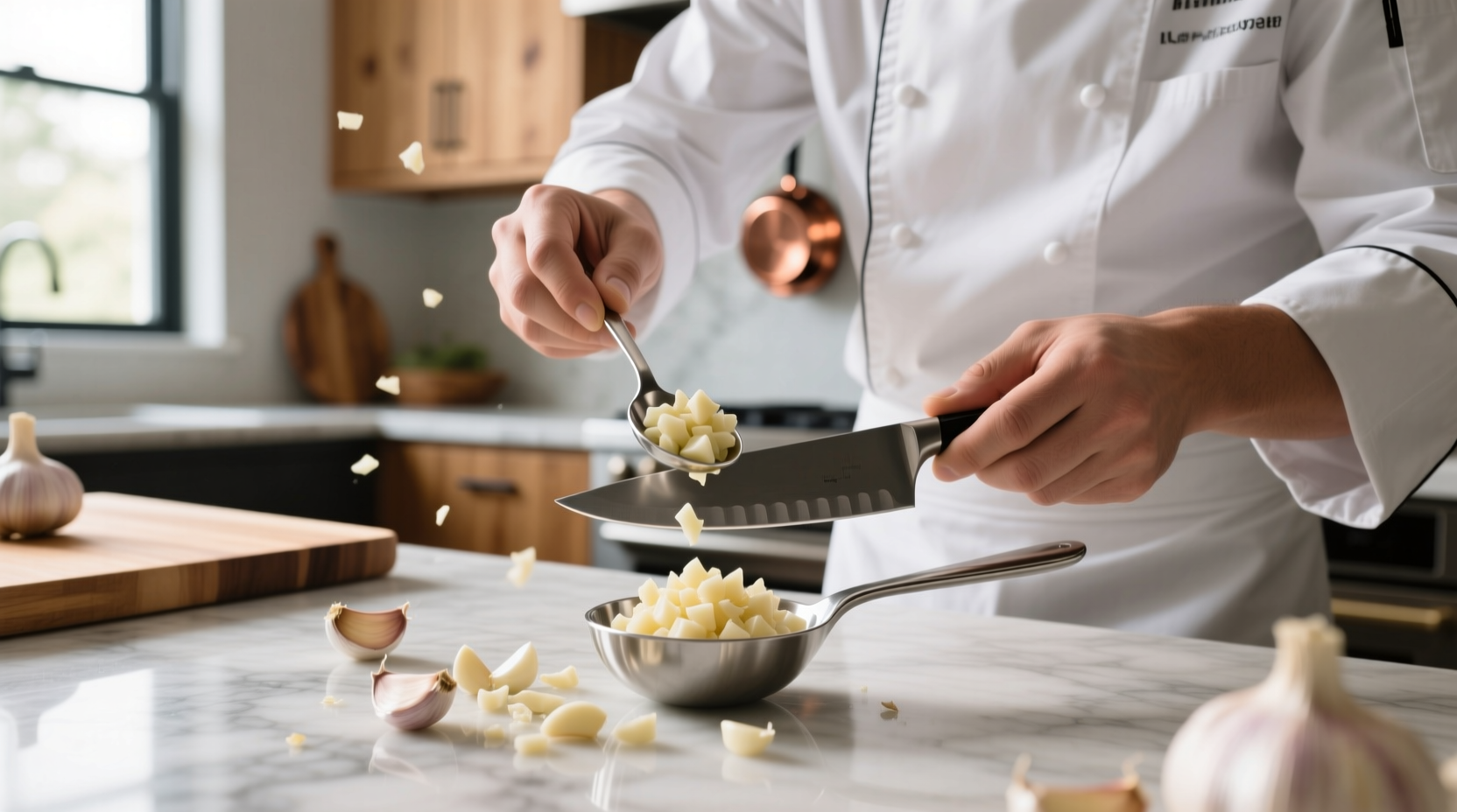 Chef measuring diced garlic in teaspoon