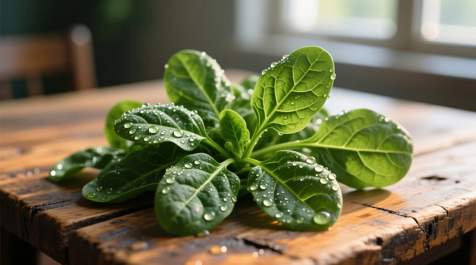 Fresh spinach leaves with dew drops on a wooden table
