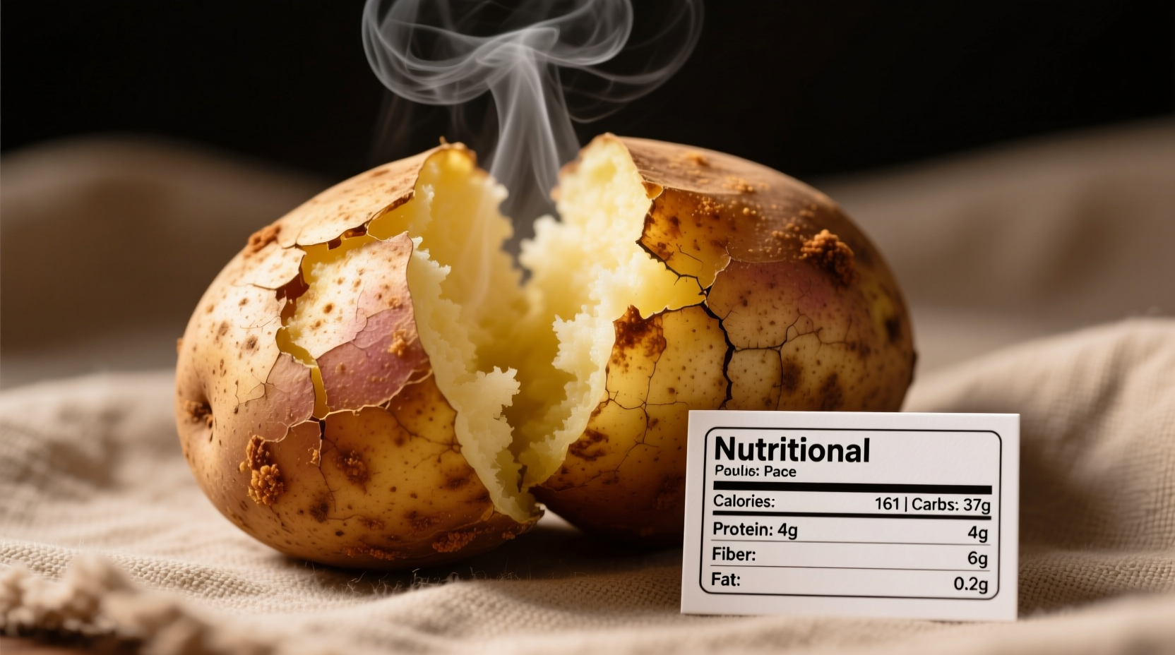 Baked potato with skin showing nutritional facts