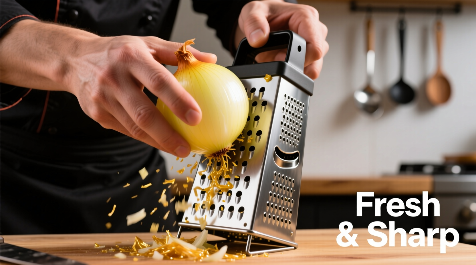 Chef grating fresh yellow onion on microplane