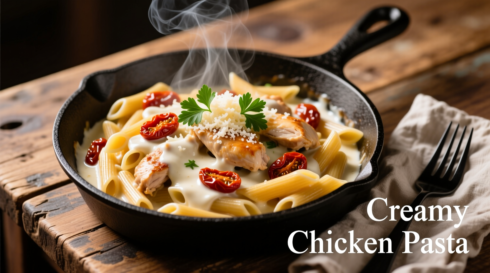 Creamy chicken pasta with sundried tomatoes in skillet