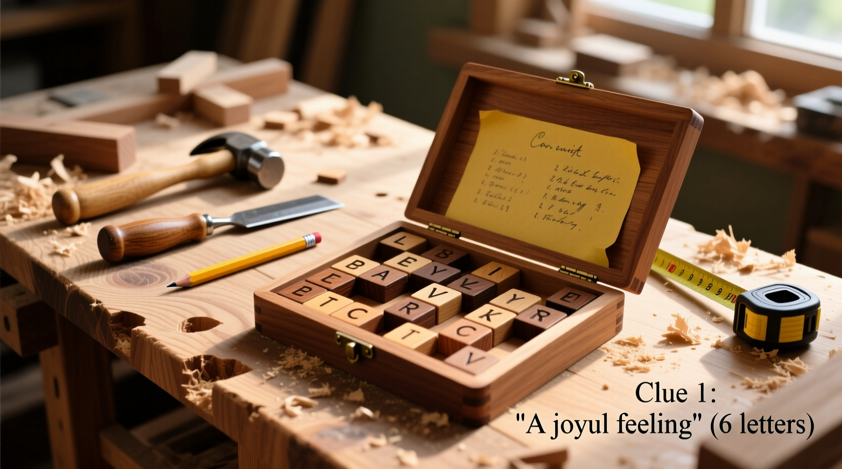 Woodworking project with crossword puzzle nearby