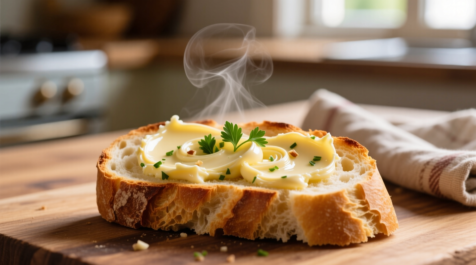 Homemade garlic butter spread on warm crusty bread