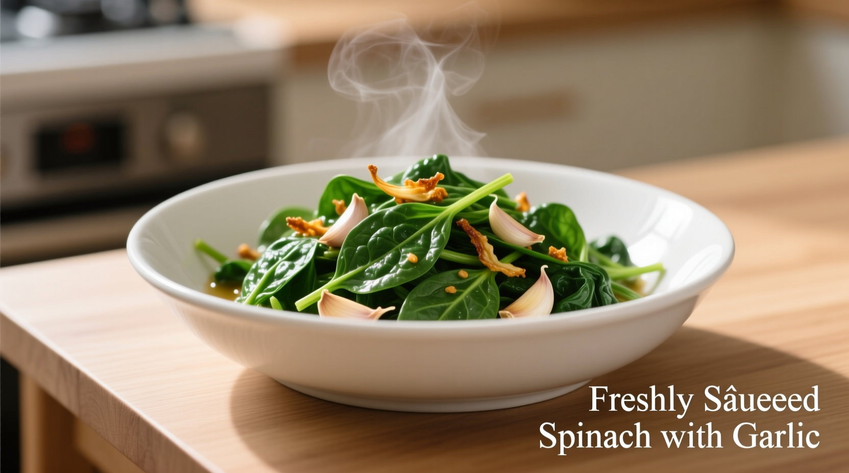 Perfectly cooked spinach in white bowl with garlic