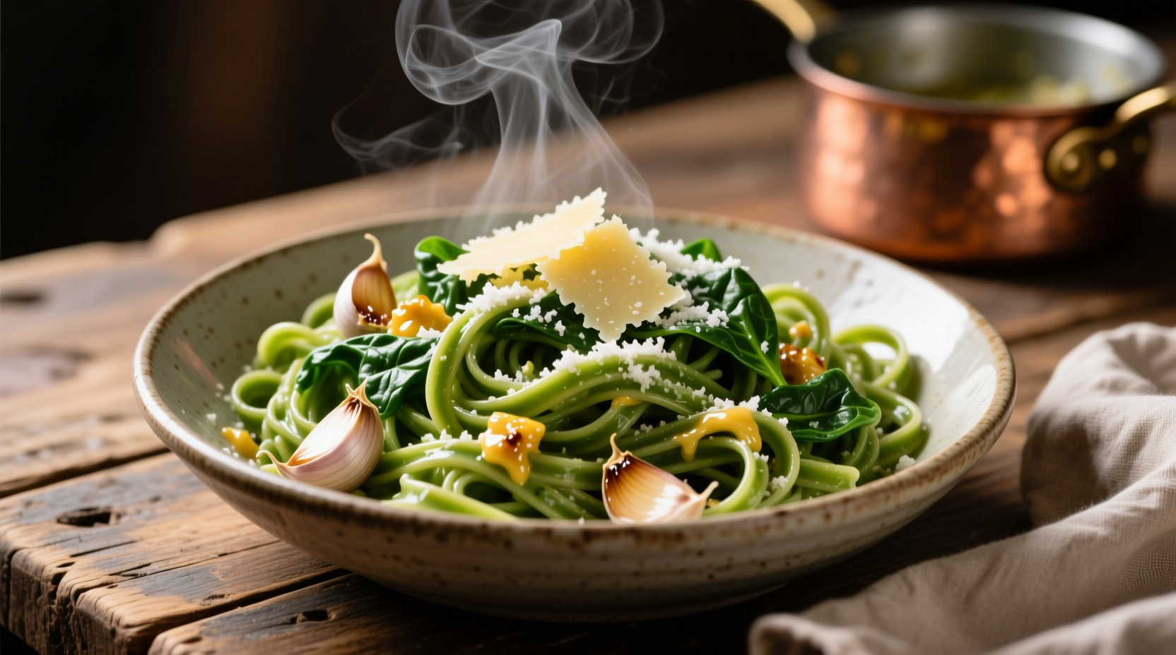 Fresh spinach pasta dish with garlic and parmesan