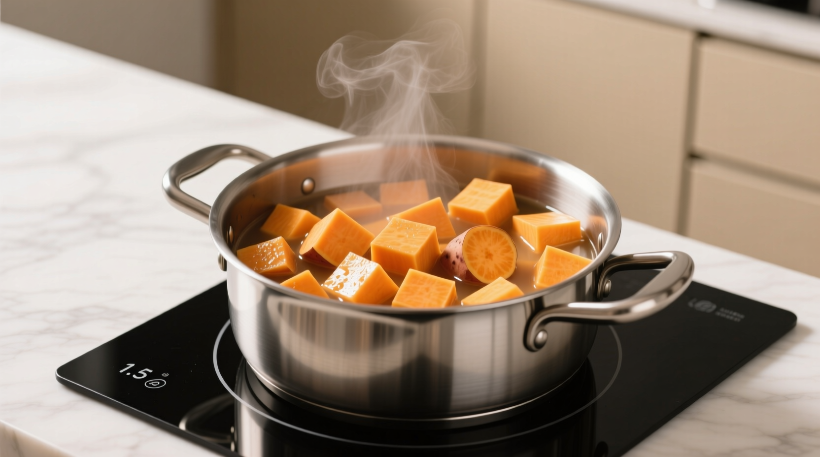 Perfectly boiled sweet potato cubes in a stainless steel pot